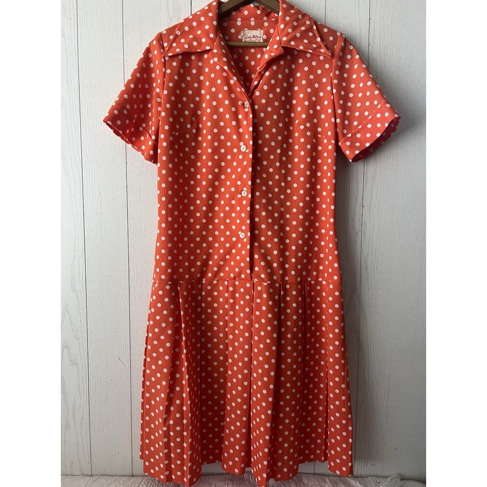 VTG early 70's Linda Matthews Dress Drop waist Orange Polka Dot Miami Med
